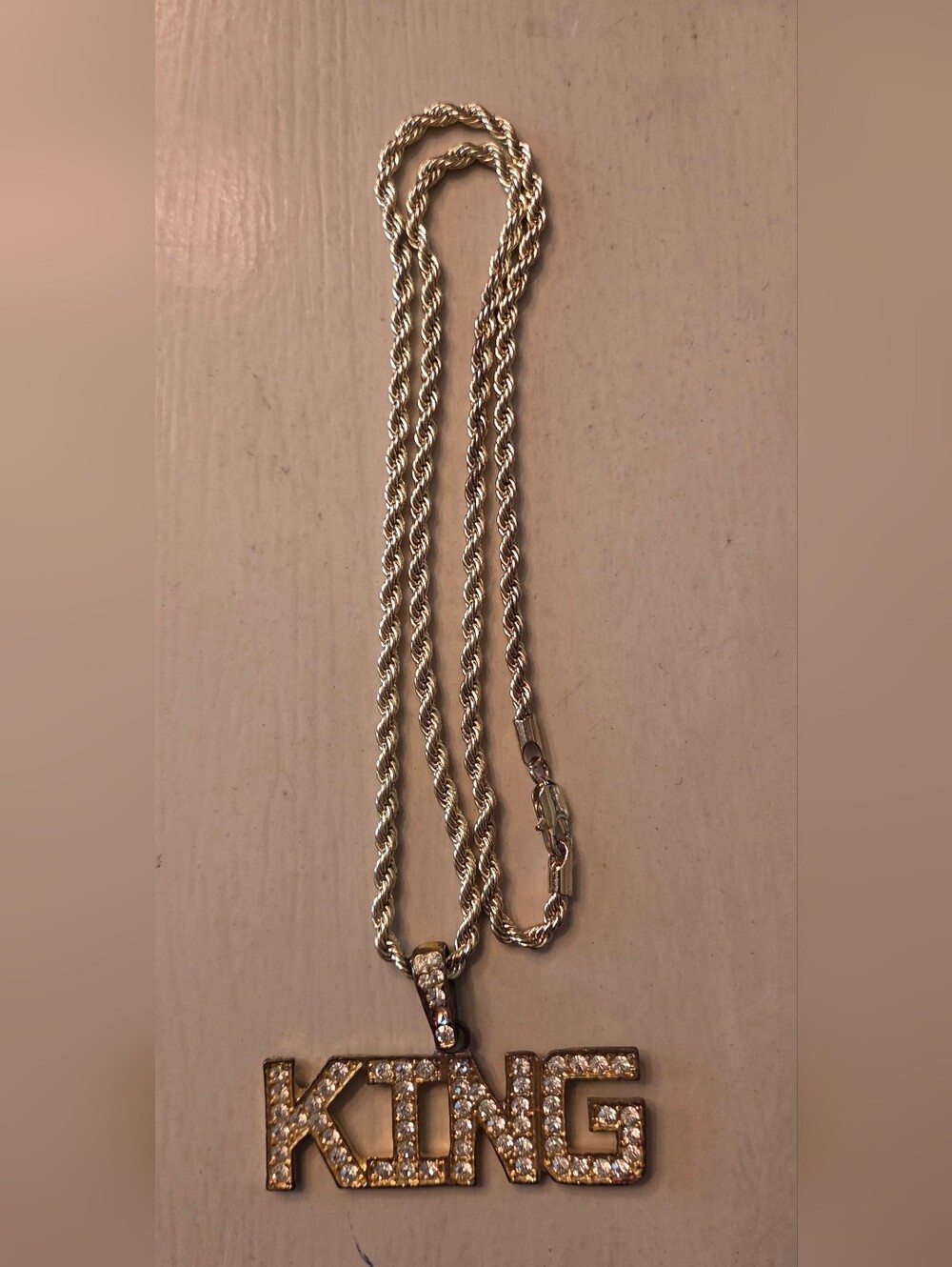 Rope Chain Necklace (24") w/ "King" Pendant - Gold Plated Finish